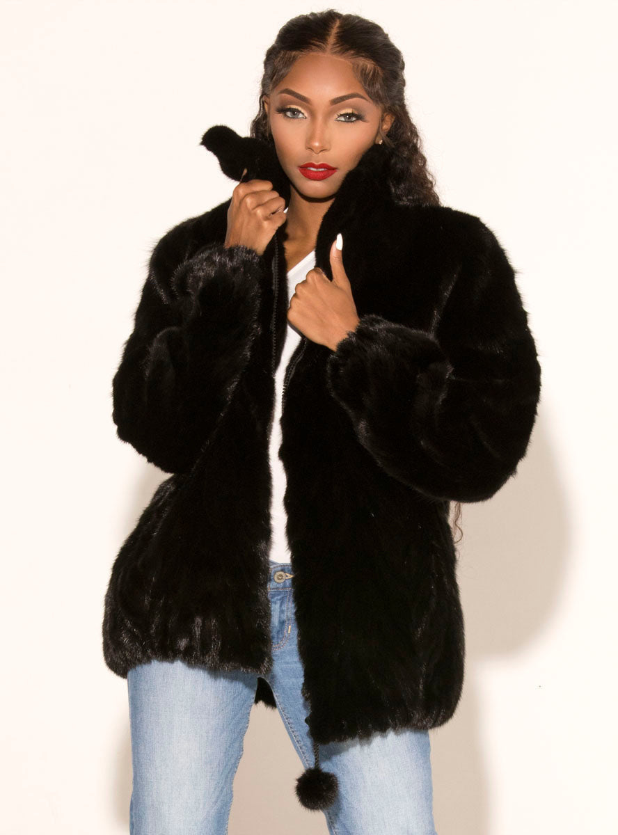Henig Furs Women's Mink Fur Bomber Jacket Fox Fur Collar Whisky / S