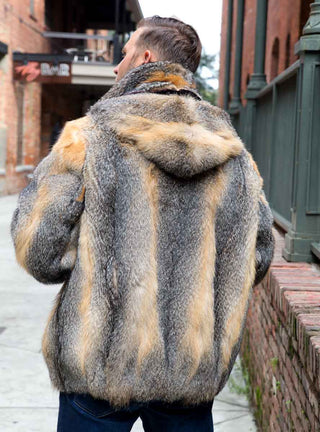 Men's Full Skin Natural Grey Fox Fur Bomber Jacket.