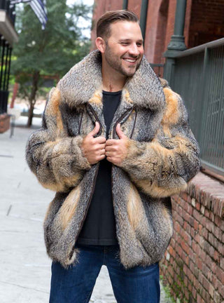 Men's Full Skin Natural Grey Fox Fur Bomber Jacket.