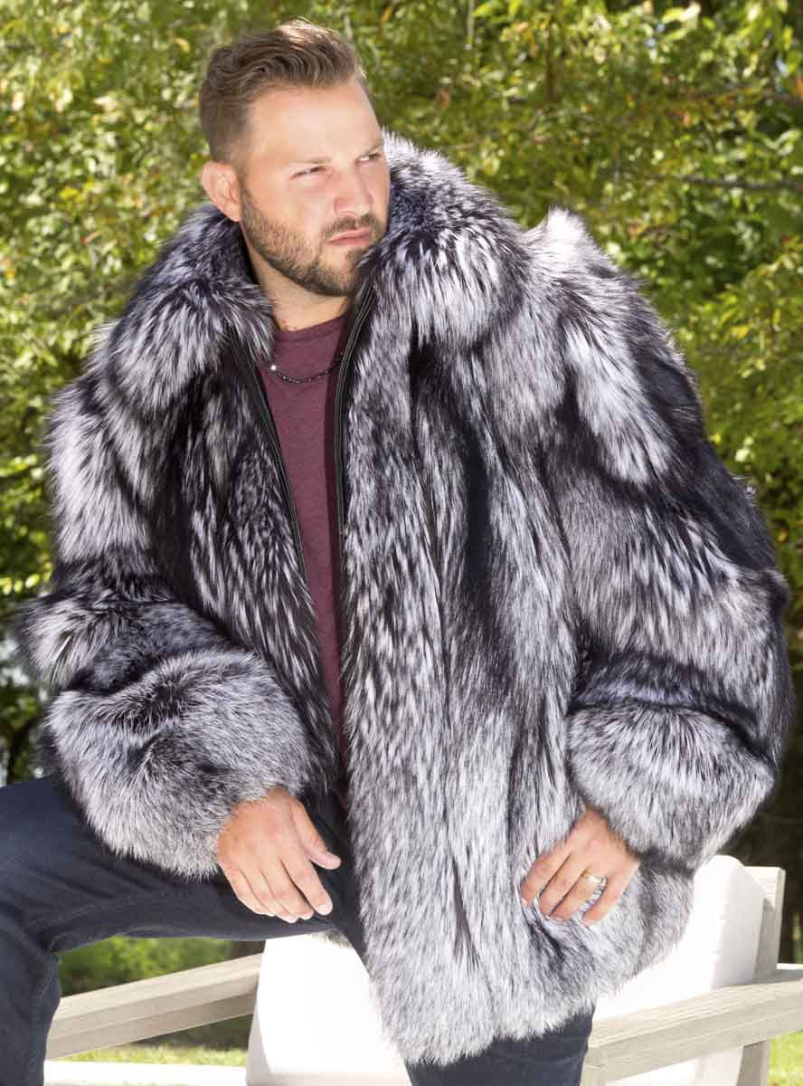 Men's Full Skin Silver Fox Fur Bomber Jacket with Optional Hood | Henig ...