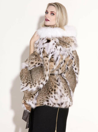 Bobcat Fur Cape with Fox Fur Trimmed Hood & Detachable Leather Belt.