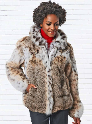 Natural Bobcat Fur Jacket with Hood.