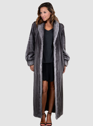 Mink Fur Coat with Shawl Collar and Bracelet Cuffs.