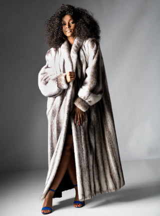 Mink Fur Coat with Shawl Collar and Bracelet Cuffs.