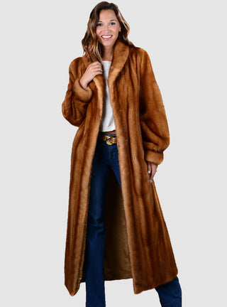 Mink Fur Coat with Shawl Collar and Bracelet Cuffs.