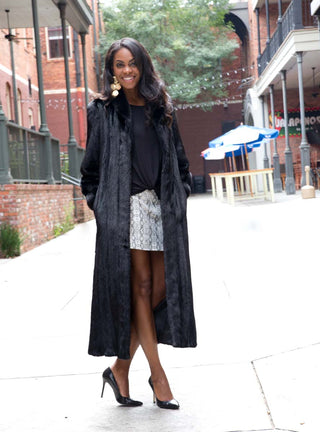 Mink Fur Coat with Shawl Collar and Bracelet Cuffs.