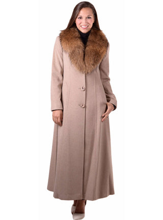 Cashmere Blend Coat with Raccoon Fur Shawl Collar.