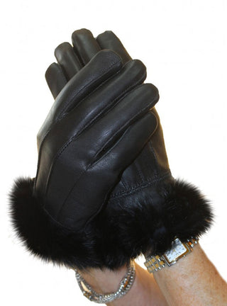 black lamb Leather Gloves with Rabbit Fur Trim