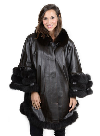 Leather Cape with Fox Fur Trim.