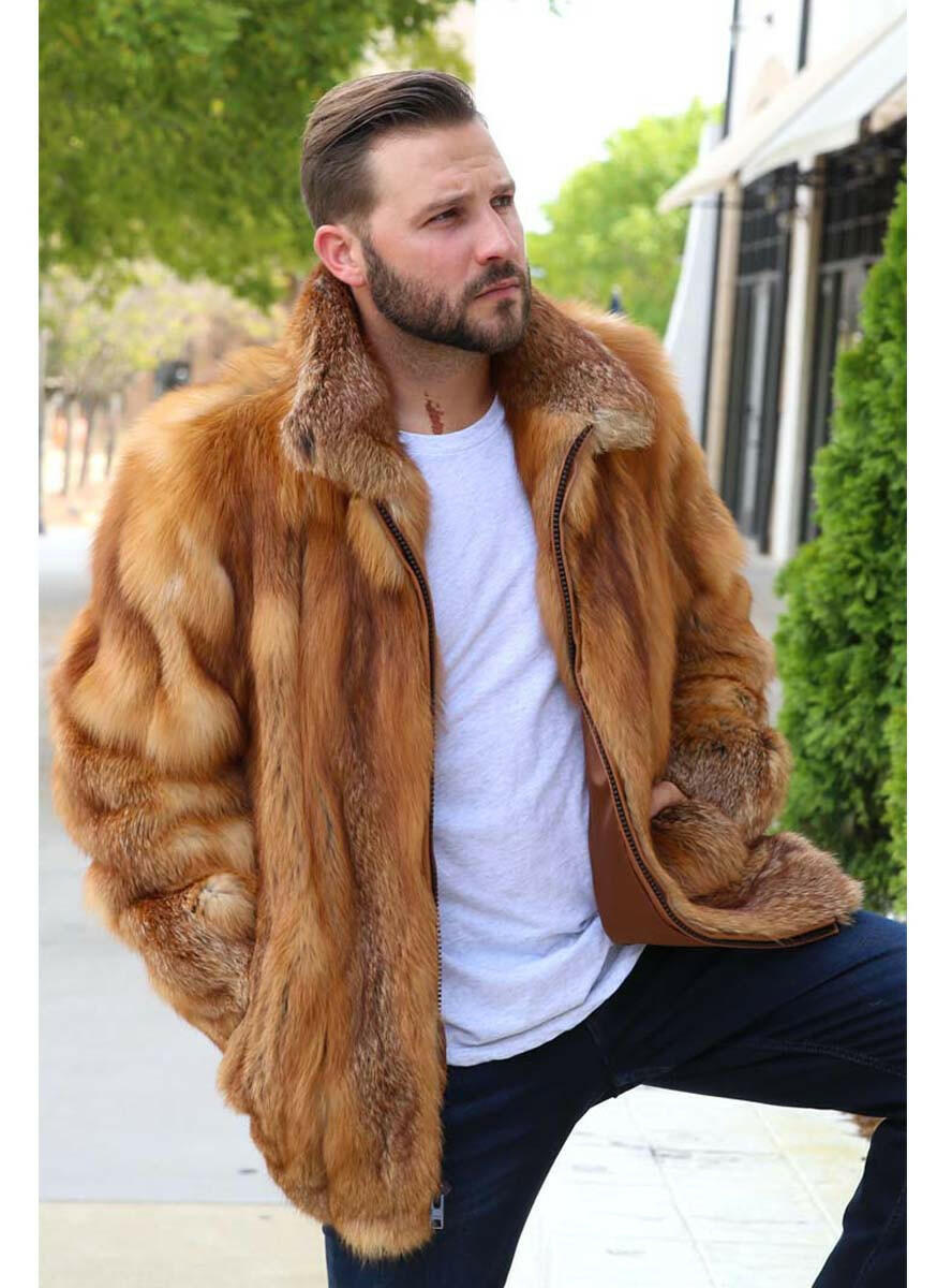Men Genuine Leather Bomber Down Jacket with Fox Fur Collar
