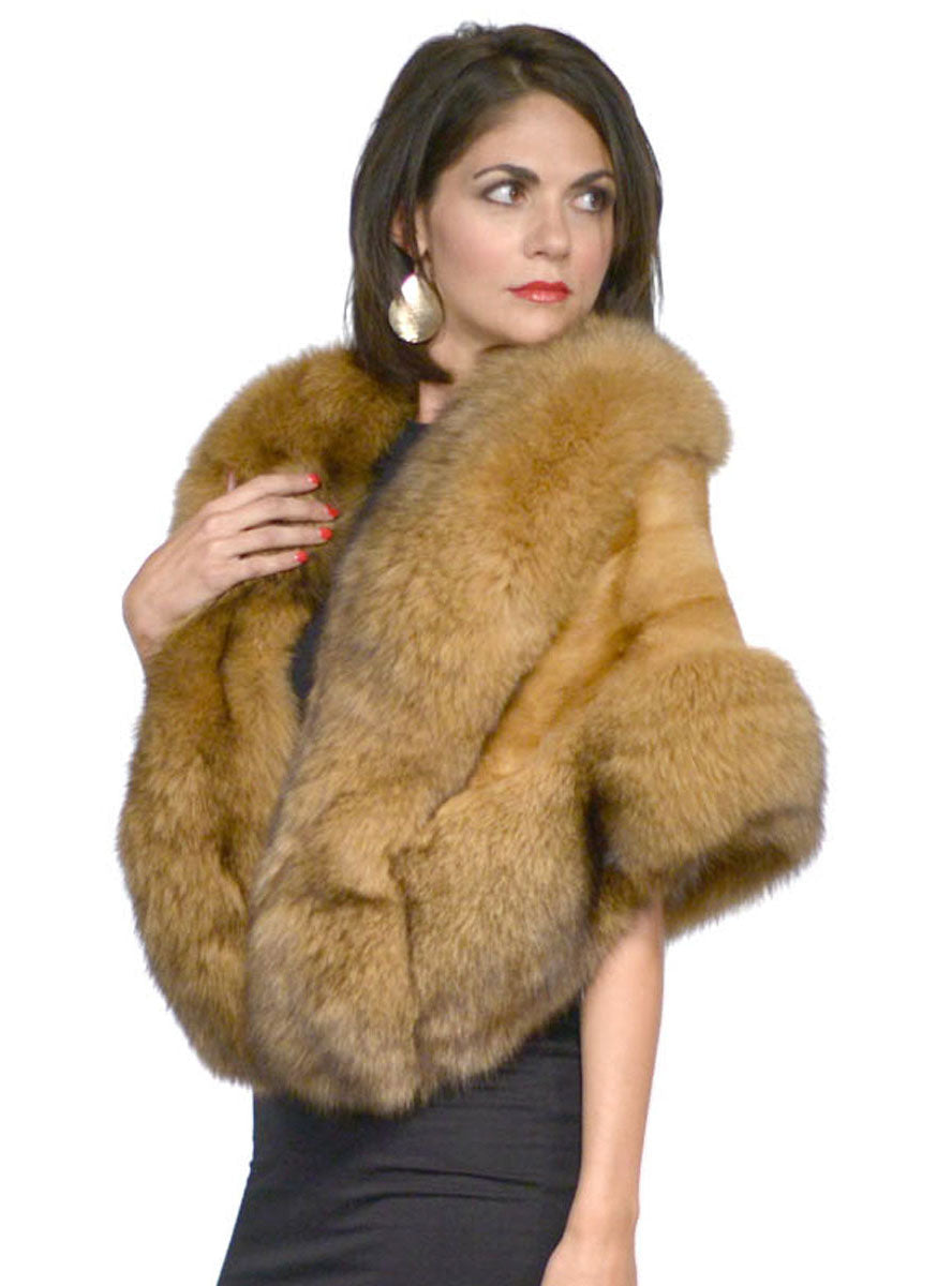 Henig Furs Natural Red Fox Fur Cape with Hood & Leather Belt
