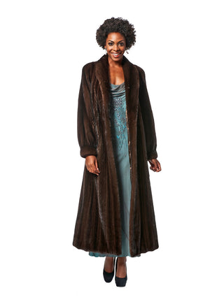 Mink Fur Coat with Shawl Collar and Bracelet Cuffs.