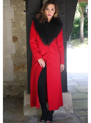 Cashmere Blend Coat with Raccoon Fur Shawl Collar.