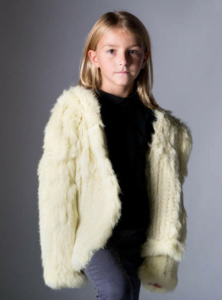 Children's Yellow Knitted Rabbit Fur Jacket with Hood.