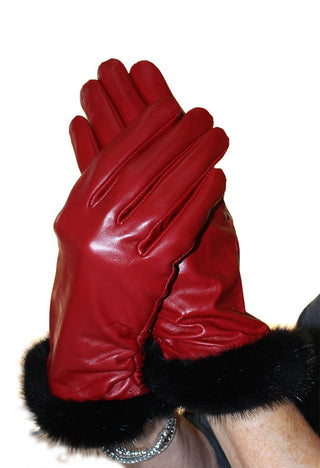 red lamb leather gloves with rabbit fur trim